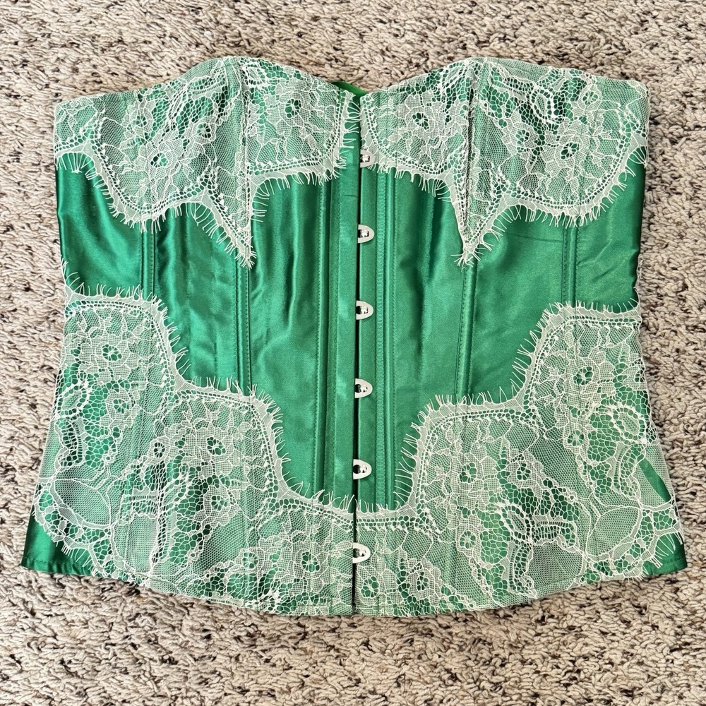 Emerald Green Satin‎ w White Lace Bustier Corset Top XL Hook Front Lace-Up Back